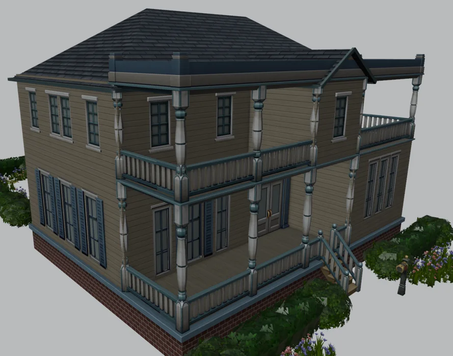 The same house rebuilt in Blender with matching walls, porches, railings and roof