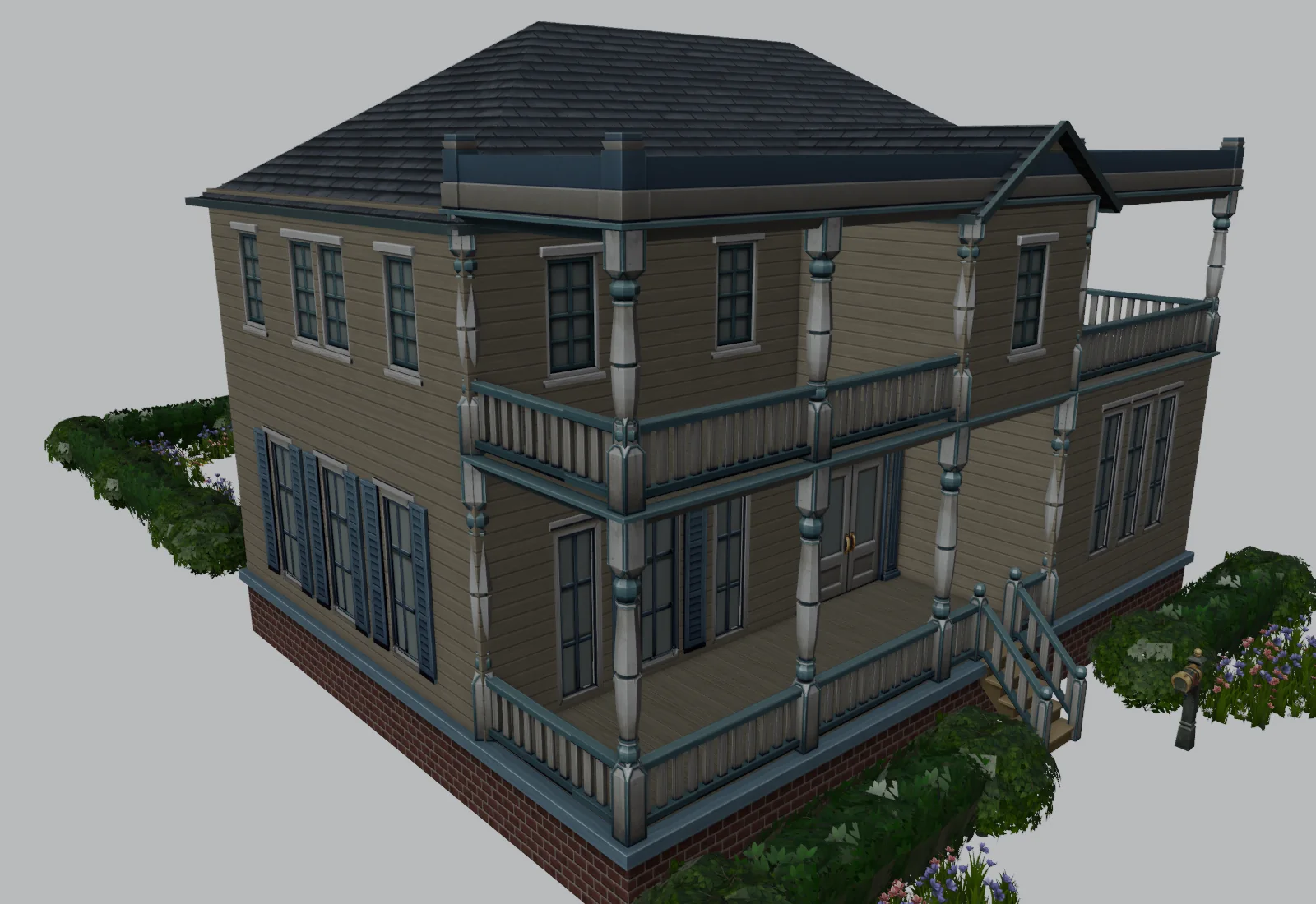 A two-storey Victorian Sims 4 house rebuilt in Blender, with porches, railings and a shingle roof